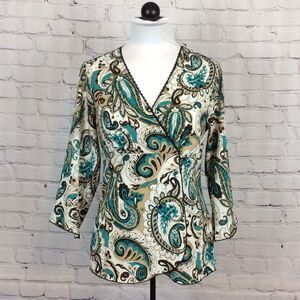 Cato Women’s Size S Faux Wrap Top 3/4 Sleeve V-Neck Brown Accent Trim Paisley